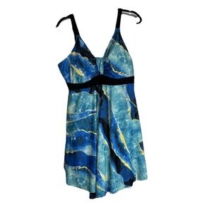 Hanna Nikole Blue Agate Print Swim Dress Tummy Control‎ 18W